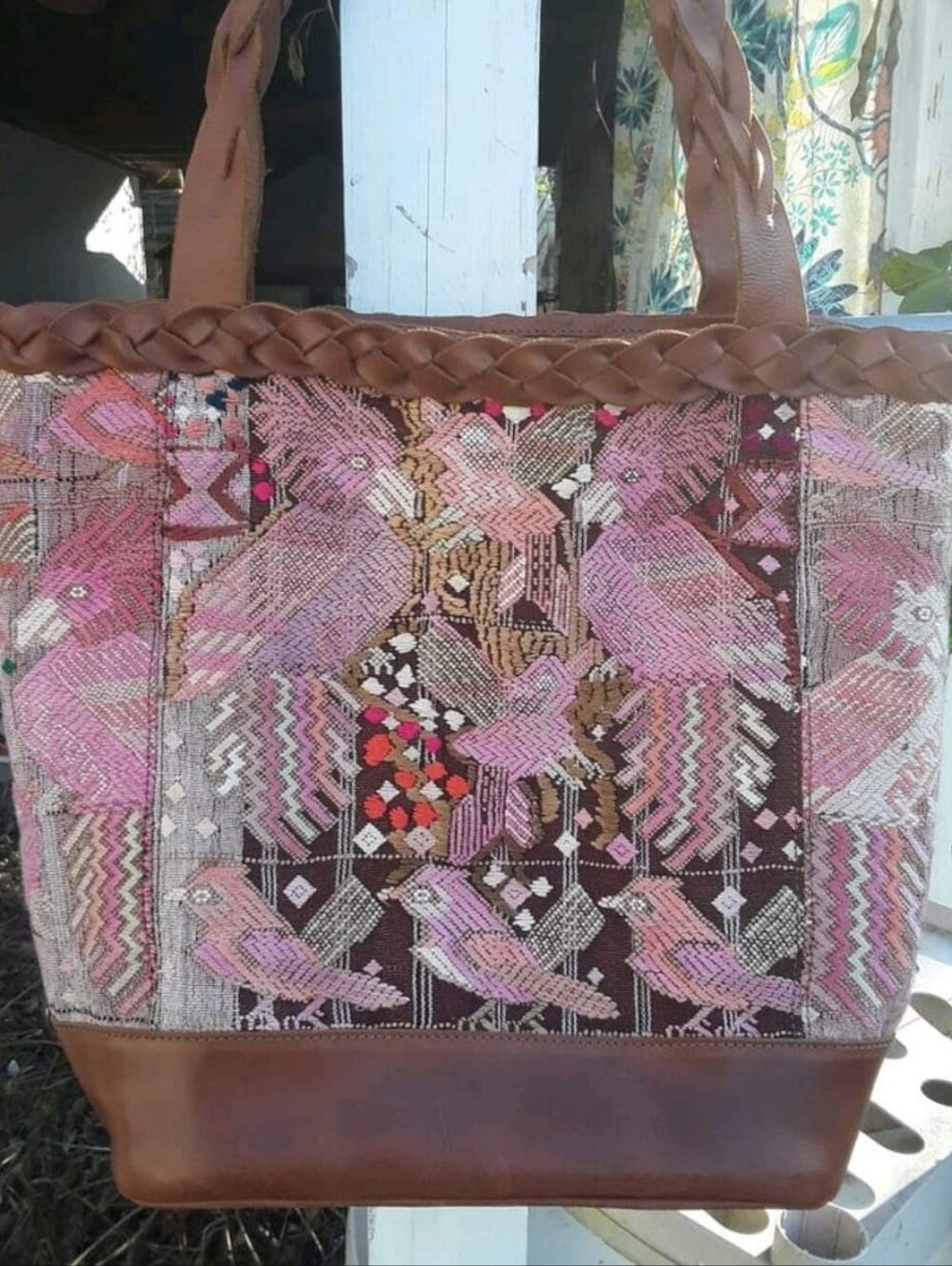 Vintage Pink Cockatiels Bird Pattern Tote Bag with Leather Trim